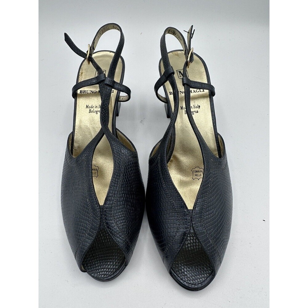 VTG Women Bruno Magli Slingback Peep Toe Pump Size 6.5 Black Snake Pattern Italy